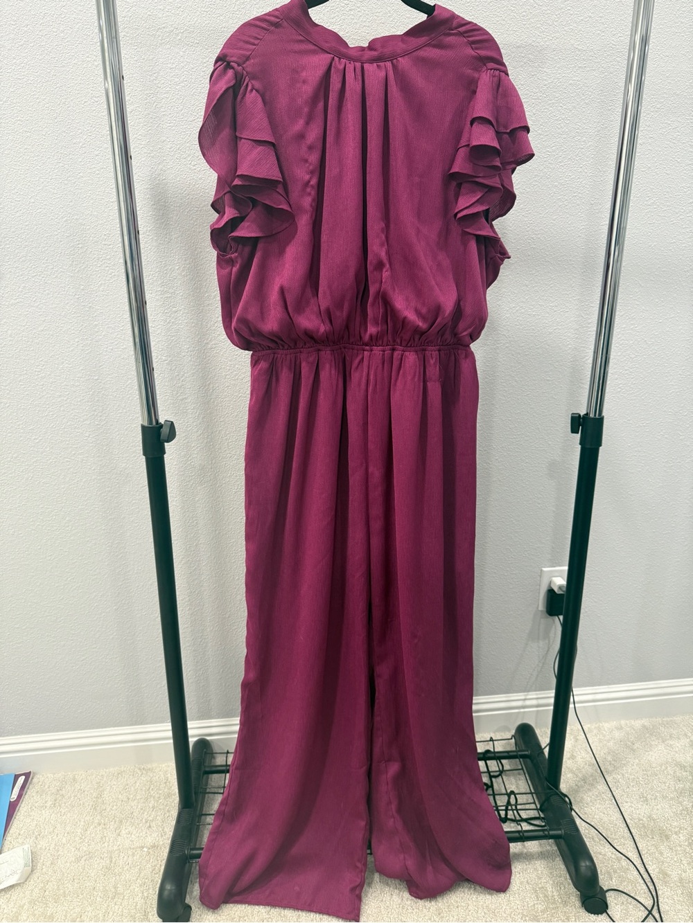 ANDREE BY UNIT Plum Ruffle-Sleeve Wide-Leg Jumpsuit